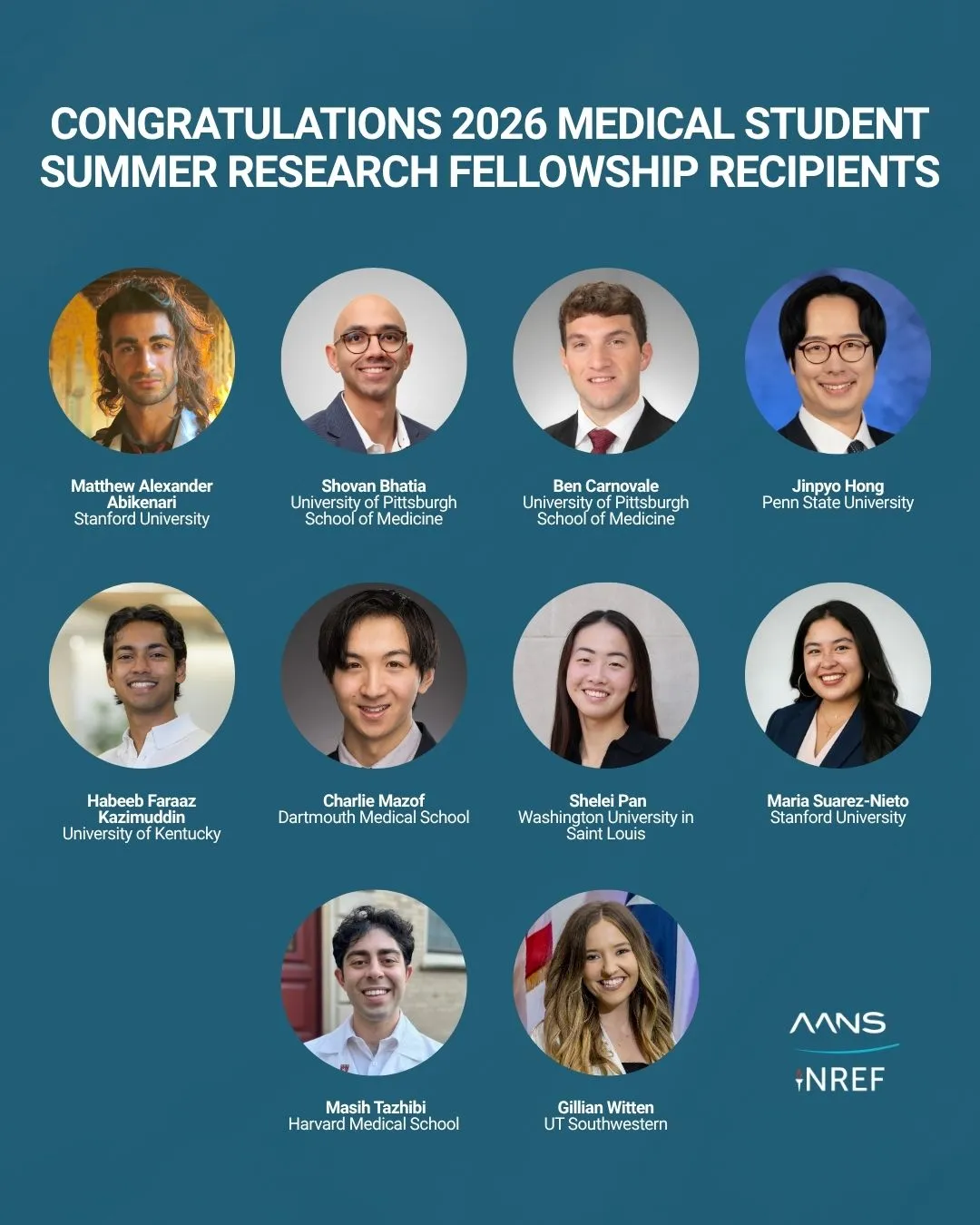 AANS and NREF announcement recognizing the 2026 Medical Student Summer Research Fellowship recipients, including Ben Carnovale of the University of Pittsburgh School of Medicine