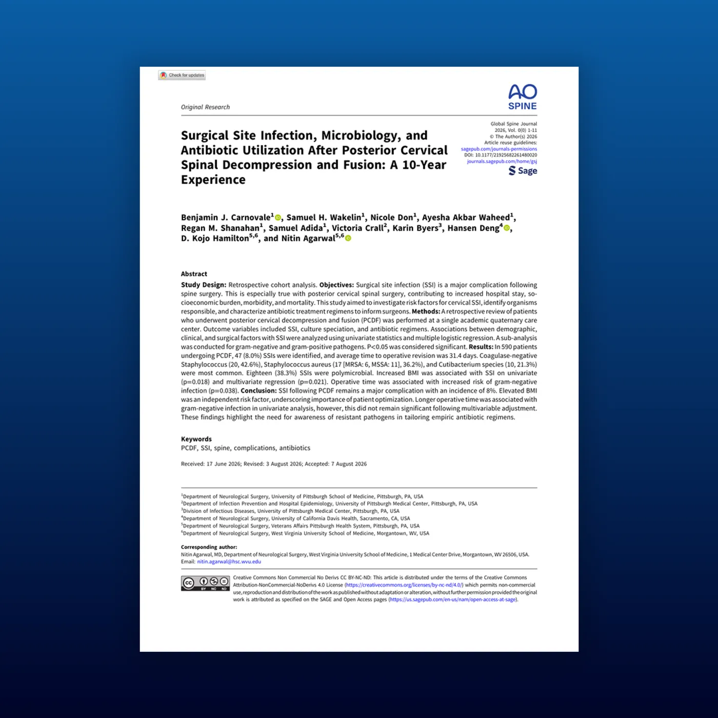 First page of the Global Spine Journal article on surgical site infection, microbiology, and antibiotic utilization after posterior cervical spinal decompression and fusion