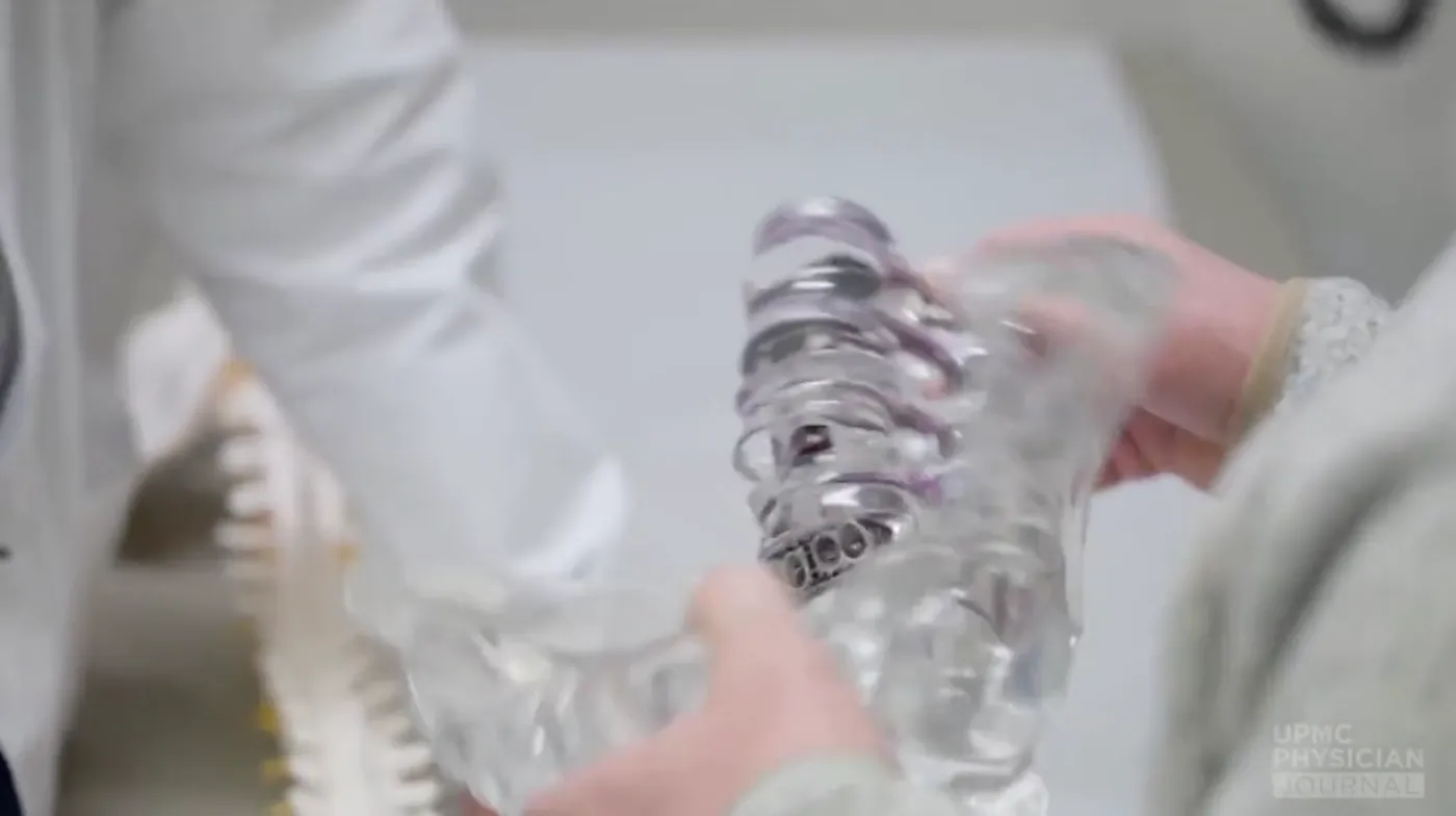 Researchers handling a spinal model with an interbody implant, from the UPMC Physician Journal feature