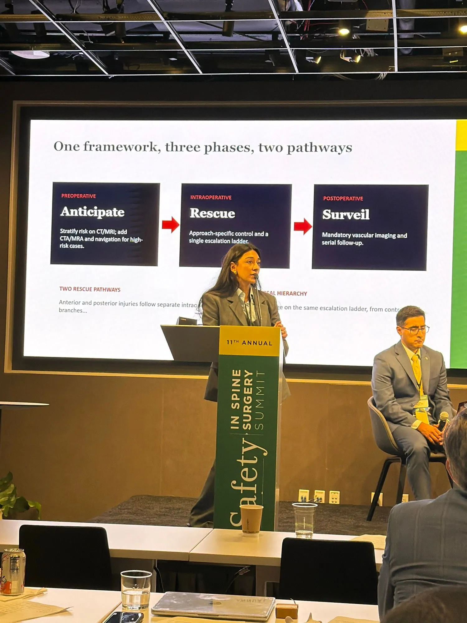 Ayesha Waheed presenting the VeRTIAL framework slide, showing the Anticipate, Rescue, and Surveil phases